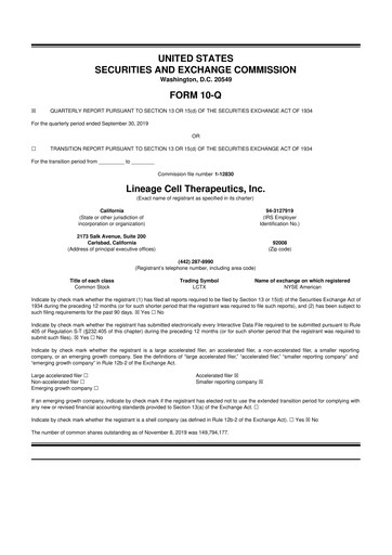 Thumbnail Lineage Cell Therapeutics
 10-Q Quarterly Report FY2019 