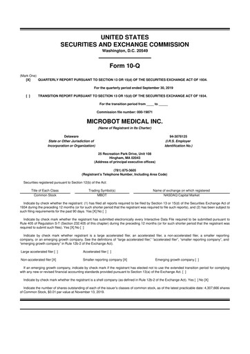 Miniature Microbot Medical
 10-Q Rapport trimestriel 2019 