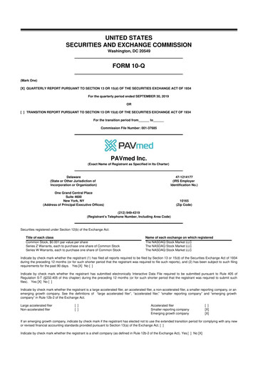 Miniature PAVmed
 10-Q Rapport trimestriel 2019 