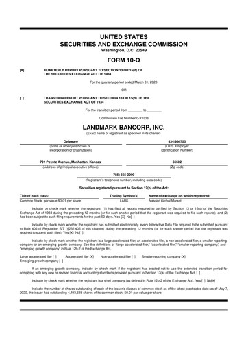 Miniature Landmark Bancorp 10-Q Rapport trimestriel 2020 