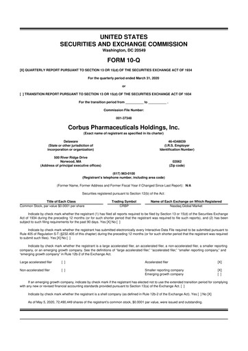 Thumbnail Corbus Pharmaceuticals
 10-Q Quarterly Report FY2020 