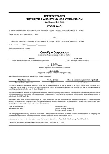 Thumbnail OncoCyte
 10-Q Quarterly Report FY2020 