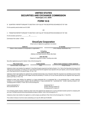 Thumbnail OncoCyte
 10-Q Quarterly Report FY2020 