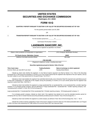 Miniature Landmark Bancorp 10-Q Rapport trimestriel 2020 