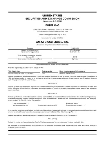 Miniature Anixa Biosciences 10-Q Rapport trimestriel 2020 