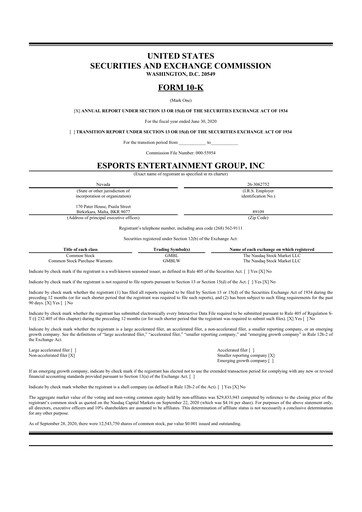 Thumbnail Esports Entertainment
 10-K Annual Report 2020