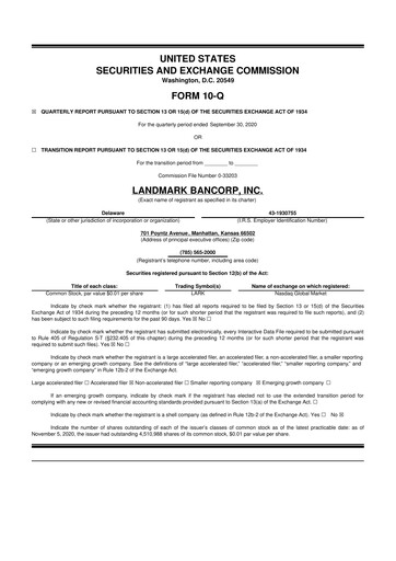 Miniature Landmark Bancorp 10-Q Rapport trimestriel 2020 