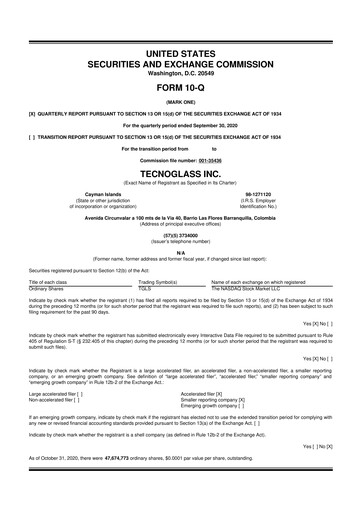 Miniature Tecnoglass 10-Q Rapport trimestriel 2020 