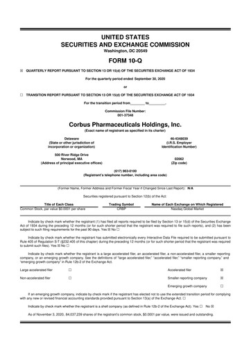 Thumbnail Corbus Pharmaceuticals
 10-Q Quarterly Report FY2020 