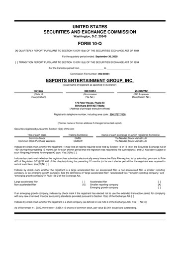 Thumbnail Esports Entertainment
 10-Q Quarterly Report FY2021 