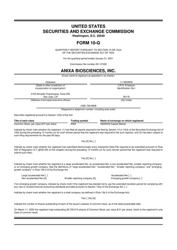 Miniature Anixa Biosciences 10-Q Rapport trimestriel 2021 