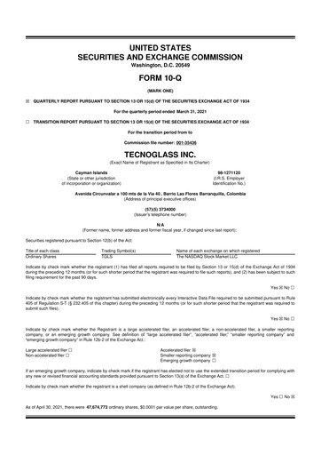 Miniature Tecnoglass 10-Q Rapport trimestriel 2021 