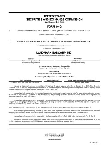 Miniature Landmark Bancorp 10-Q Rapport trimestriel 2021 