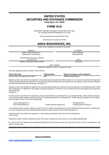 Miniature Anixa Biosciences 10-Q Rapport trimestriel 2021 