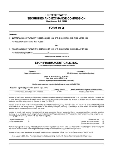 Vorschaubild Eton Pharmaceuticals 10-Q Quartalsbericht 2021 