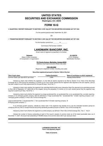 Miniature Landmark Bancorp 10-Q Rapport trimestriel 2021 