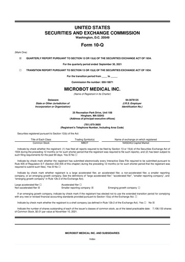 Miniature Microbot Medical
 10-Q Rapport trimestriel 2021 