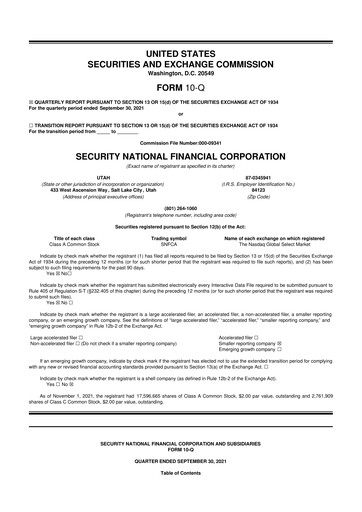 Thumbnail Security National Financial Corporation 10-Q Quarterly Report FY2021 