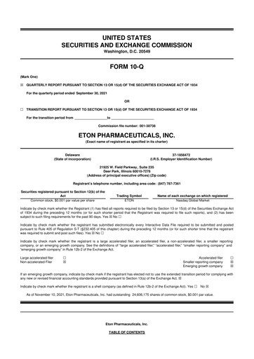 Vorschaubild Eton Pharmaceuticals 10-Q Quartalsbericht 2021 