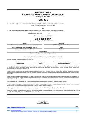 Thumbnail U.S. Gold Corp 10-Q Quarterly Report FY2022 