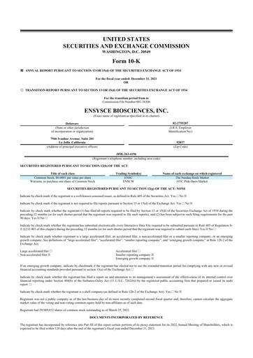 Miniature Ensysce Biosciences 10-K Rapport annuel 2021