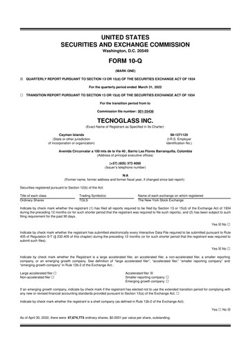 Miniature Tecnoglass 10-Q Rapport trimestriel 2022 