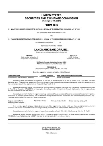 Miniature Landmark Bancorp 10-Q Rapport trimestriel 2022 