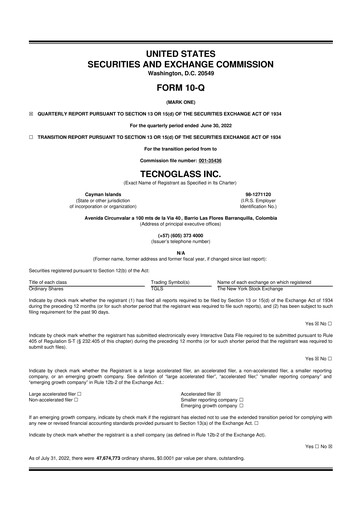 Miniature Tecnoglass 10-Q Rapport trimestriel 2022 