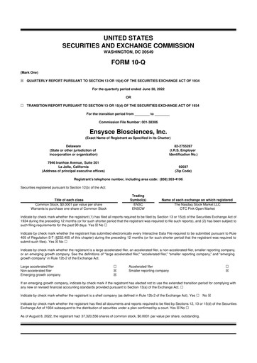 Thumbnail Ensysce Biosciences 10-Q Quarterly Report FY2022 
