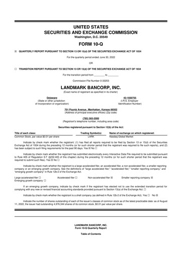 Miniature Landmark Bancorp 10-Q Rapport trimestriel 2022 