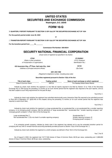 Thumbnail Security National Financial Corporation 10-Q Quarterly Report FY2022 