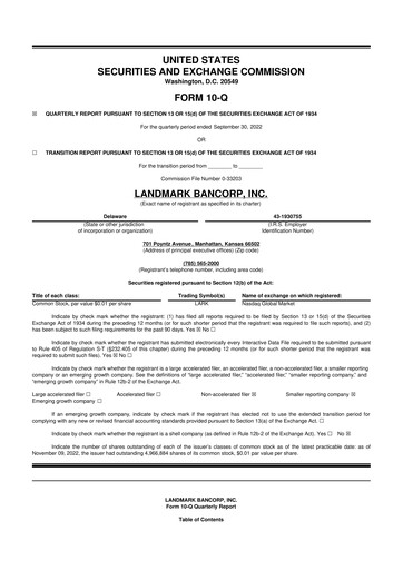 Miniature Landmark Bancorp 10-Q Rapport trimestriel 2022 