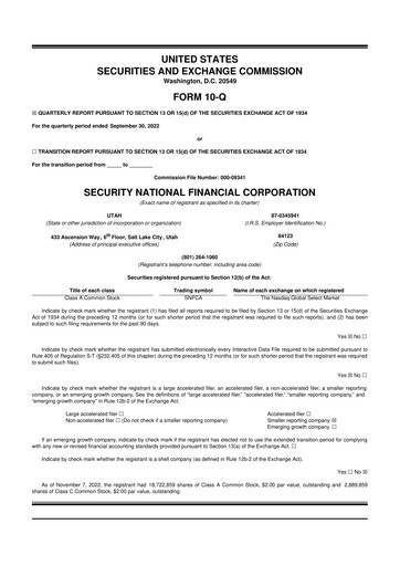 Thumbnail Security National Financial Corporation 10-Q Quarterly Report FY2022 