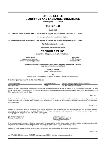 Miniature Tecnoglass 10-Q Rapport trimestriel 2023 