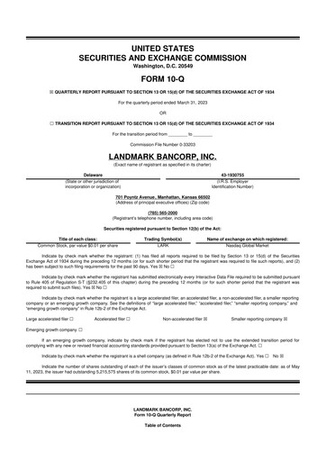 Miniature Landmark Bancorp 10-Q Rapport trimestriel 2023 