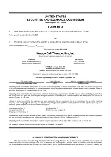 Thumbnail Lineage Cell Therapeutics
 10-Q Quarterly Report FY2023 