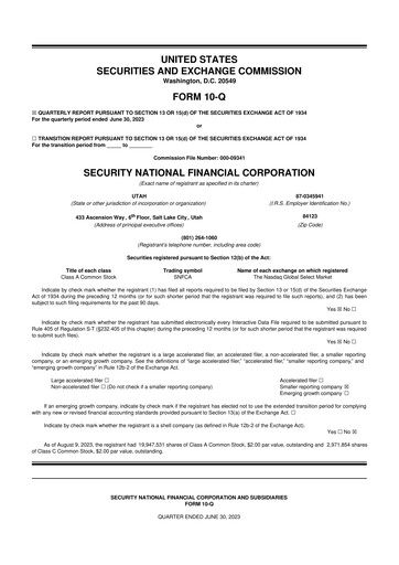 Thumbnail Security National Financial Corporation 10-Q Quarterly Report FY2023 