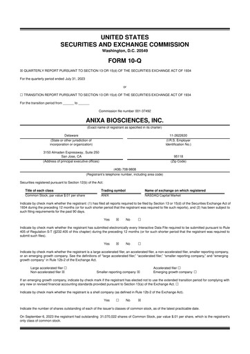 Miniature Anixa Biosciences 10-Q Rapport trimestriel 2023 