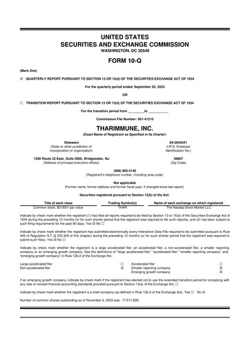 Thumbnail Tharimmune 10-Q Quarterly Report FY2023 