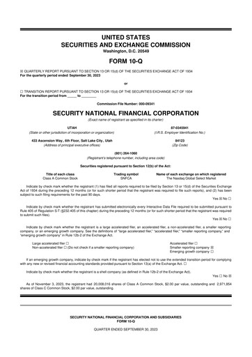 Thumbnail Security National Financial Corporation 10-Q Quarterly Report FY2023 