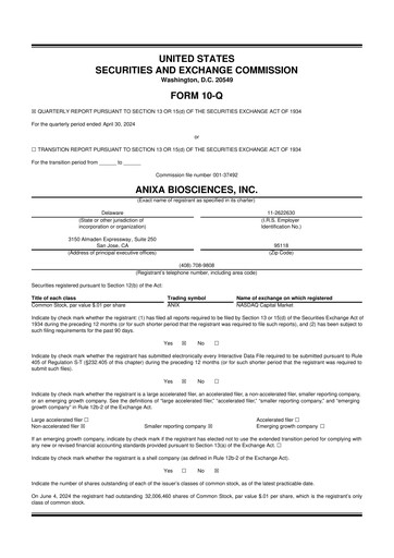 Miniature Anixa Biosciences 10-Q Rapport trimestriel 2024 