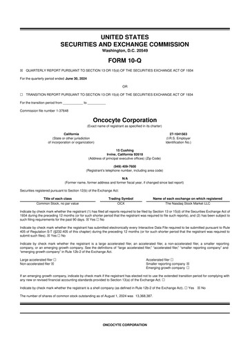 Thumbnail OncoCyte
 10-Q Quarterly Report FY2024 