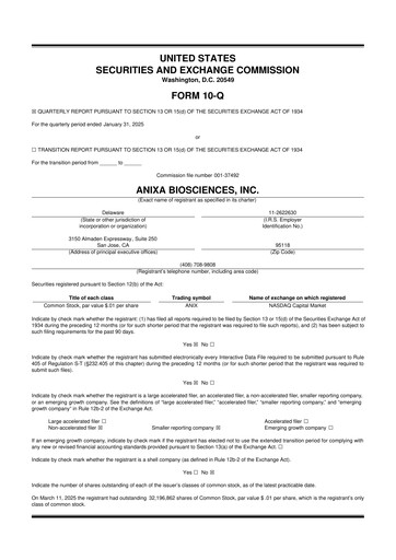 Miniature Anixa Biosciences 10-Q Rapport trimestriel 2025 
