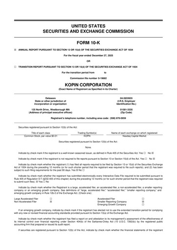 Miniature Kopin Corporation
 10-K Rapport annuel 