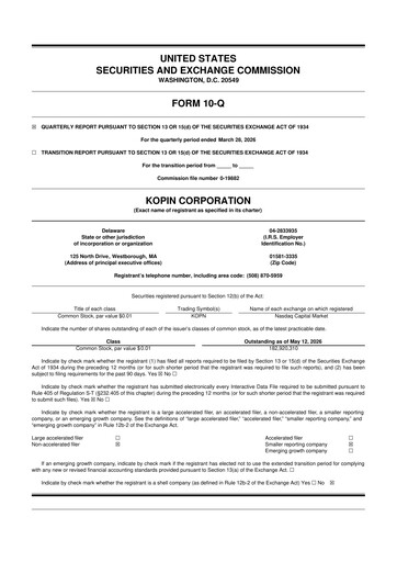 Thumbnail Kopin Corporation
 10-Q Quarterly Report FY 