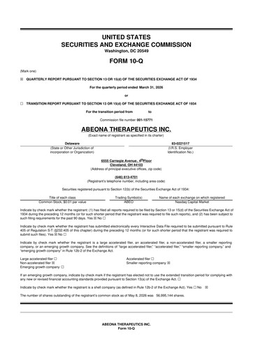 Miniature Abeona Therapeutics
 10-Q Rapport trimestriel  