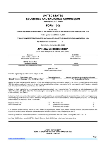 Miniature Aptera Motors 10-Q Rapport trimestriel  