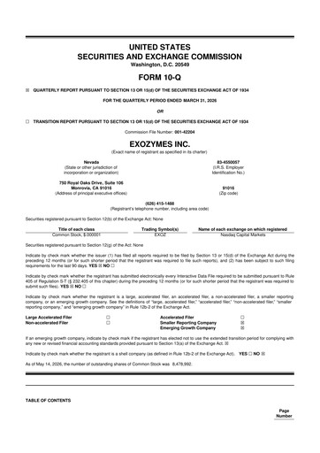 Thumbnail eXoZymes 10-Q Quarterly Report FY 