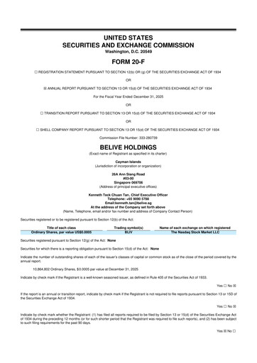 Thumbnail BeLive Holdings 20-F Annual Report 