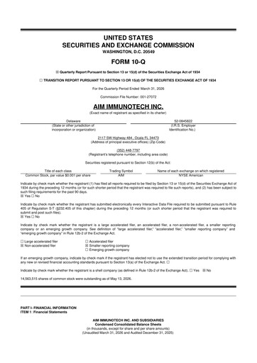 Miniature AIM ImmunoTech
 10-Q Rapport trimestriel  